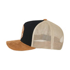 A trucker-style baseball cap with a black front panel, beige mesh back, and a tan suede visor, shown from a side profile on a white background.