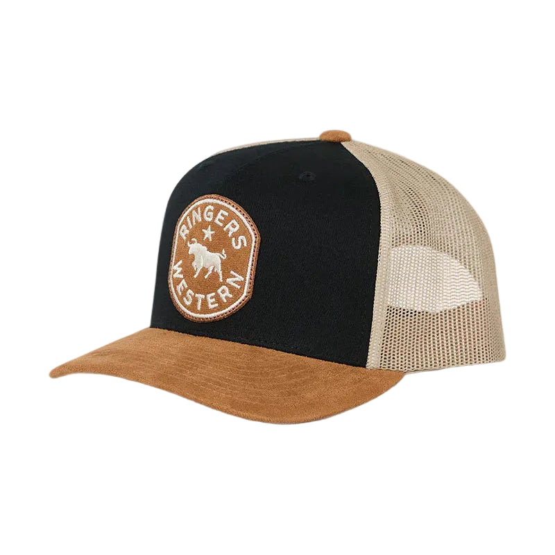 A trucker-style cap with a black front panel, beige mesh back, and brown suede brim. A circular patch on the front reads 'Ringer's Western' with a cowboy graphic.