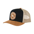 A trucker-style cap with a black front panel, beige mesh back, and brown suede brim. A circular patch on the front reads 'Ringer's Western' with a cowboy graphic.