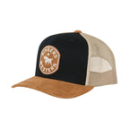 A trucker-style cap with a black front panel, beige mesh back, and brown suede brim. A circular patch on the front reads 'Ringer's Western' with a cowboy graphic.
