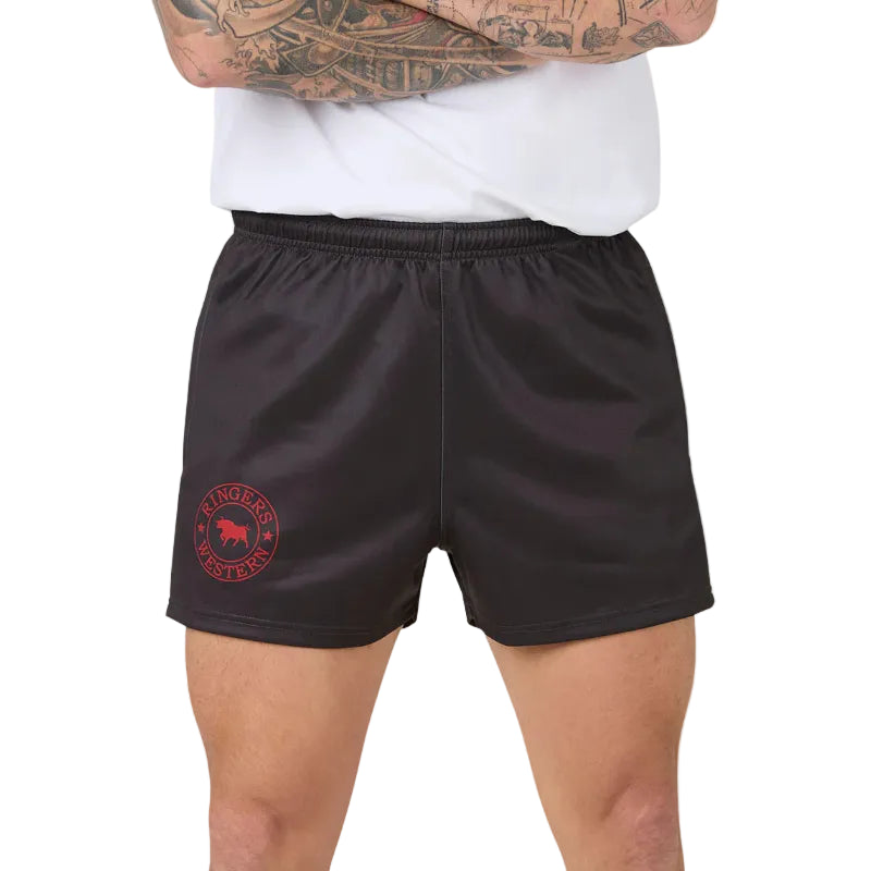Person wearing charcoal grey shorts with a red logo on a white background
