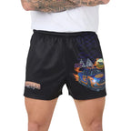 Black shorts with a race car design and text on a plain background