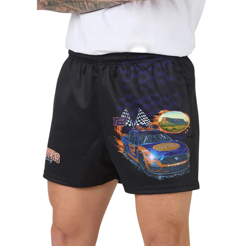 Black shorts with a car graphic and text on a plain background