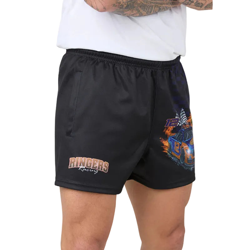 Black shorts with racing design and text on a plain background