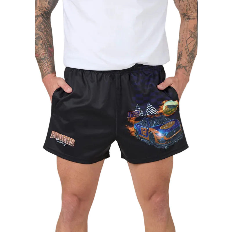 Black shorts with racing design and text worn by a person on a plain background