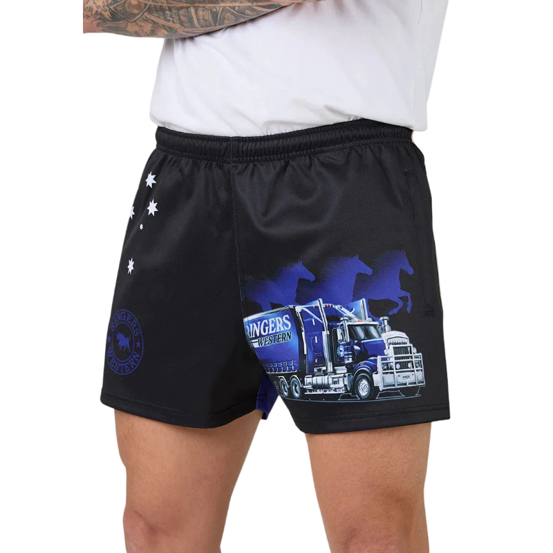 Black athletic shorts with a blue and white graphic of a semi-truck and horses, featuring white star details on the side, modeled on a person wearing a white t-shirt.