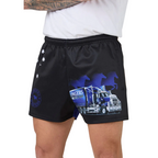 Black athletic shorts with a blue and white graphic of a semi-truck and horses, featuring white star details on the side, modeled on a person wearing a white t-shirt.