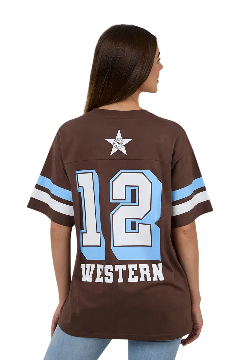 Person wearing a brown sports jersey with number 12 and word 'WESTERN'