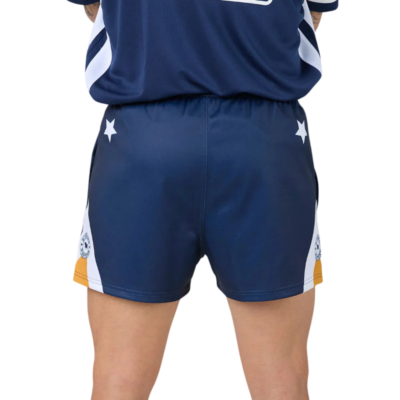 Navy footy shorts with white accents on a plain background