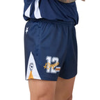 Navy blue footy shorts with number 12 and logo on a white background