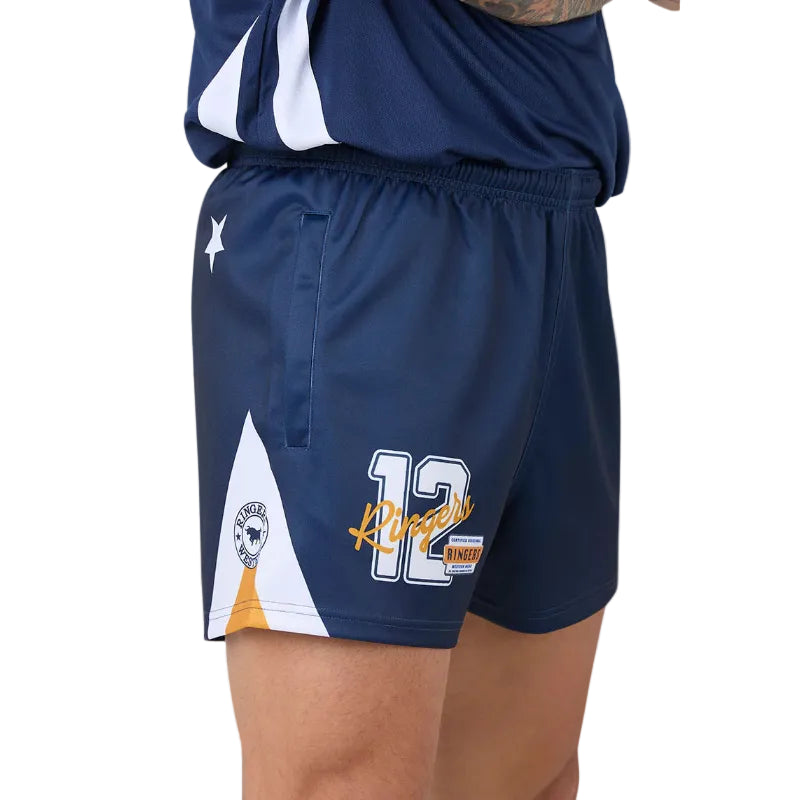 Navy blue footy shorts with number 12 and logo on a white background