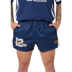 Navy blue sports shorts with number 12 and 'Ringers' text on a plain background