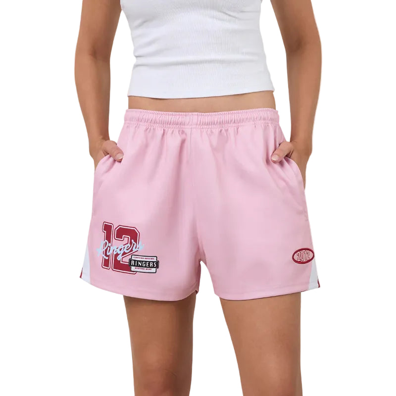 Pink shorts with a logo and number 12 on a plain background