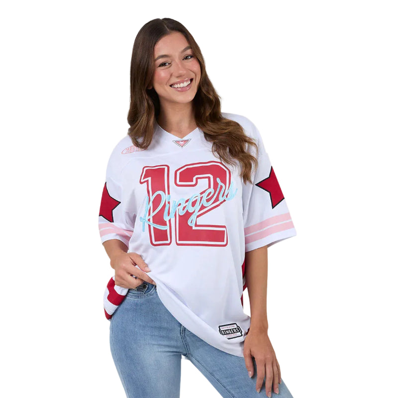 Woman wearing a white baseball jersey with red and blue details, featuring the number 12 and 'Ringers' text.