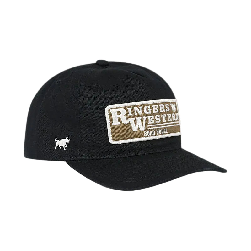 A black baseball cap featuring a rectangular 'Ringers Western Road House' patch on the front and a small white bull logo on the side, set against a white background.
