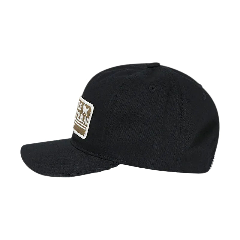 Black cap with a white label on a white background