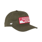 An olive green baseball cap featuring a prominent white rectangular patch with red lettering that reads 'Ringers Western Roadhouse' and a small white embroidered bull logo on the side, set against a white background.