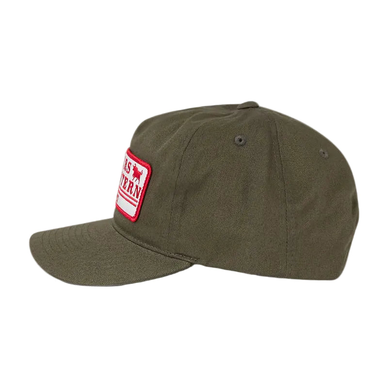 Military Green cap with a red and white label on a white background