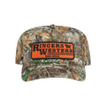A camouflage baseball cap featuring a prominent orange rectangular patch on the front with the text 'Ringers Western Road House' in black.