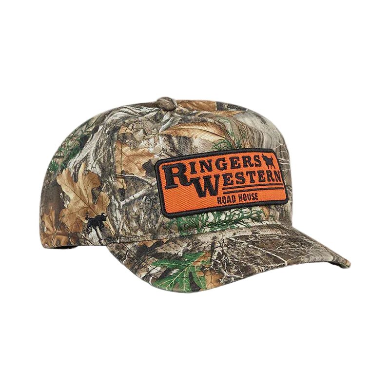 Camouflage baseball cap with 'Ringers Western' logo on a white background