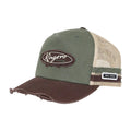 A distressed trucker hat by Ringers, featuring an olive green front panel, a dark brown brim, and beige mesh back panels.