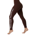 A person wearing dark brown high-waisted leggings with 'RINGERS WESTERN' printed vertically in white down the left leg, shown from the waist down against a white studio background.