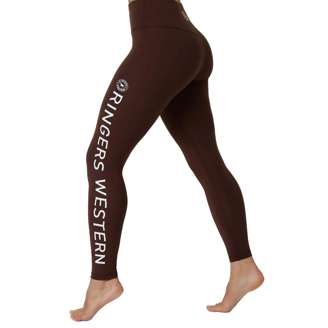 A person wearing dark brown high-waisted leggings with 'RINGERS WESTERN' printed vertically in white down the left leg, shown from the waist down against a white studio background.