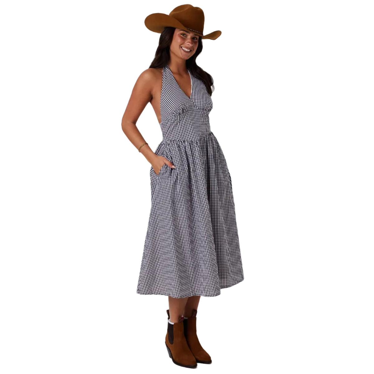 Ringers Western Womens Charmayne Gingham Halter Neck Midi Dress (225143RW) Chocolate/White