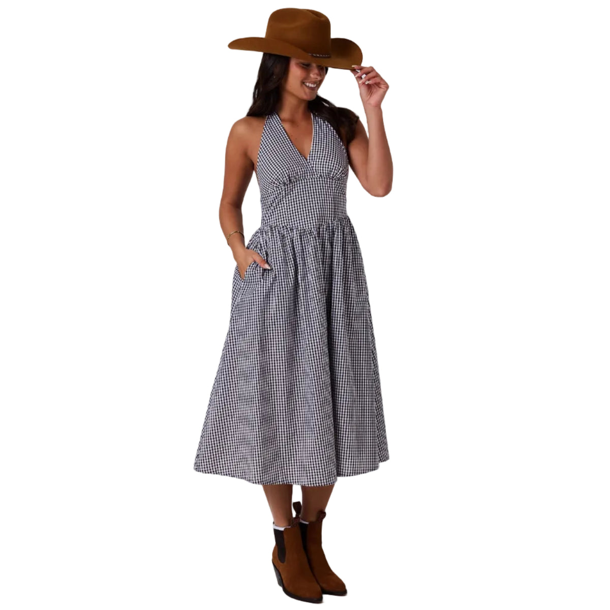 Ringers Western Womens Charmayne Gingham Halter Neck Midi Dress (225143RW) Chocolate/White