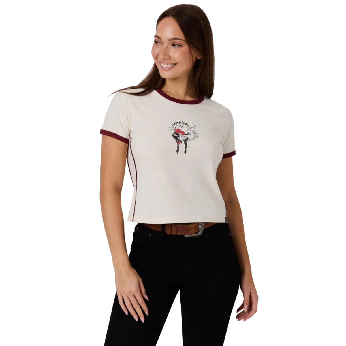 Ringers Western Womens Cowboy Killer Ringer S/S Tee (225122RW) Off White/Red
