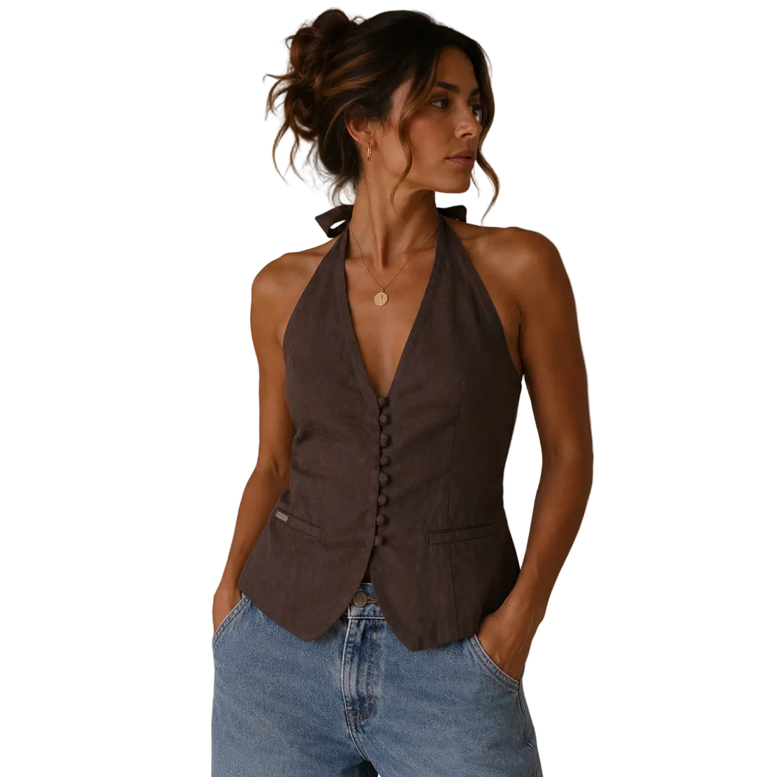 Ringers Western Womens Fallon Linen Halter Top (225178RW)  Chocolate