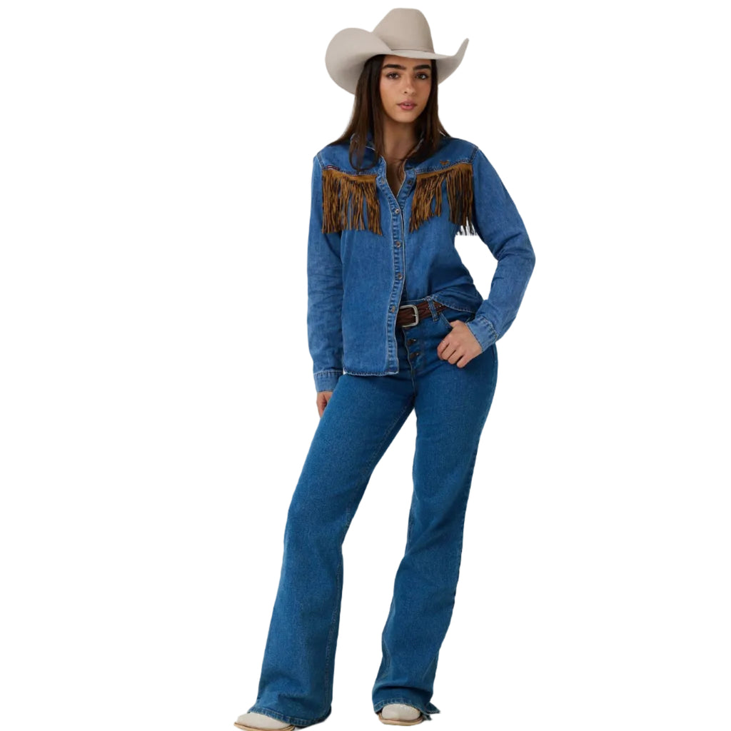 Ringers Western Womens Idaho Faux Suede Fringe L/S Shirt (225131RW) Mid Blue