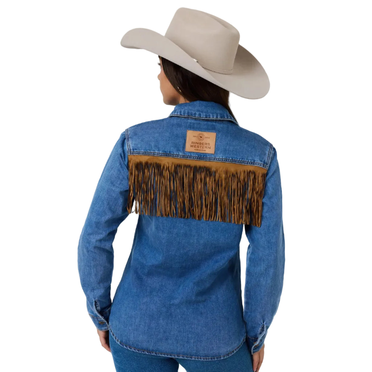 Ringers Western Womens Idaho Faux Suede Fringe L/S Shirt (225131RW) Mid Blue