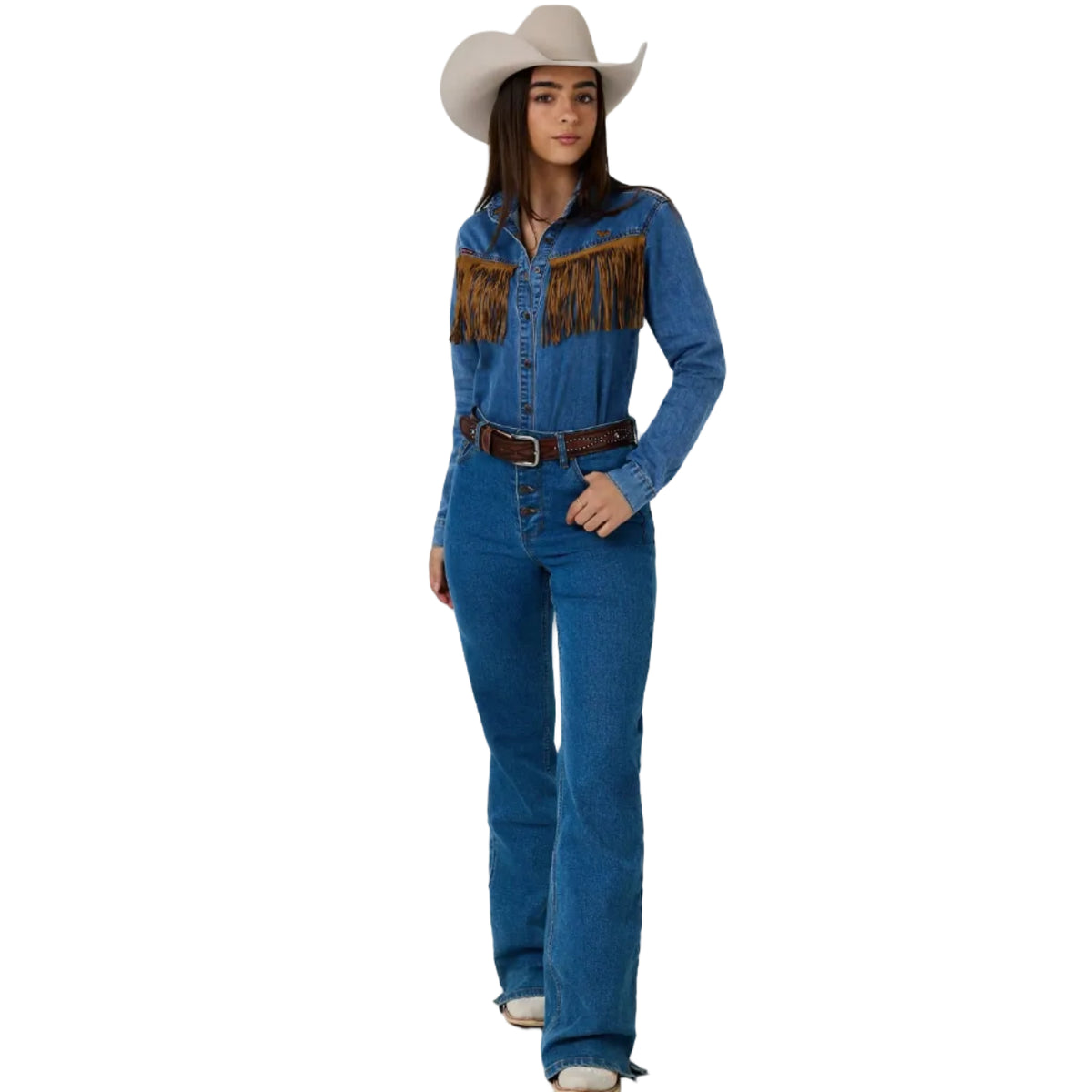 Ringers Western Womens Idaho Faux Suede Fringe L/S Shirt (225131RW) Mid Blue