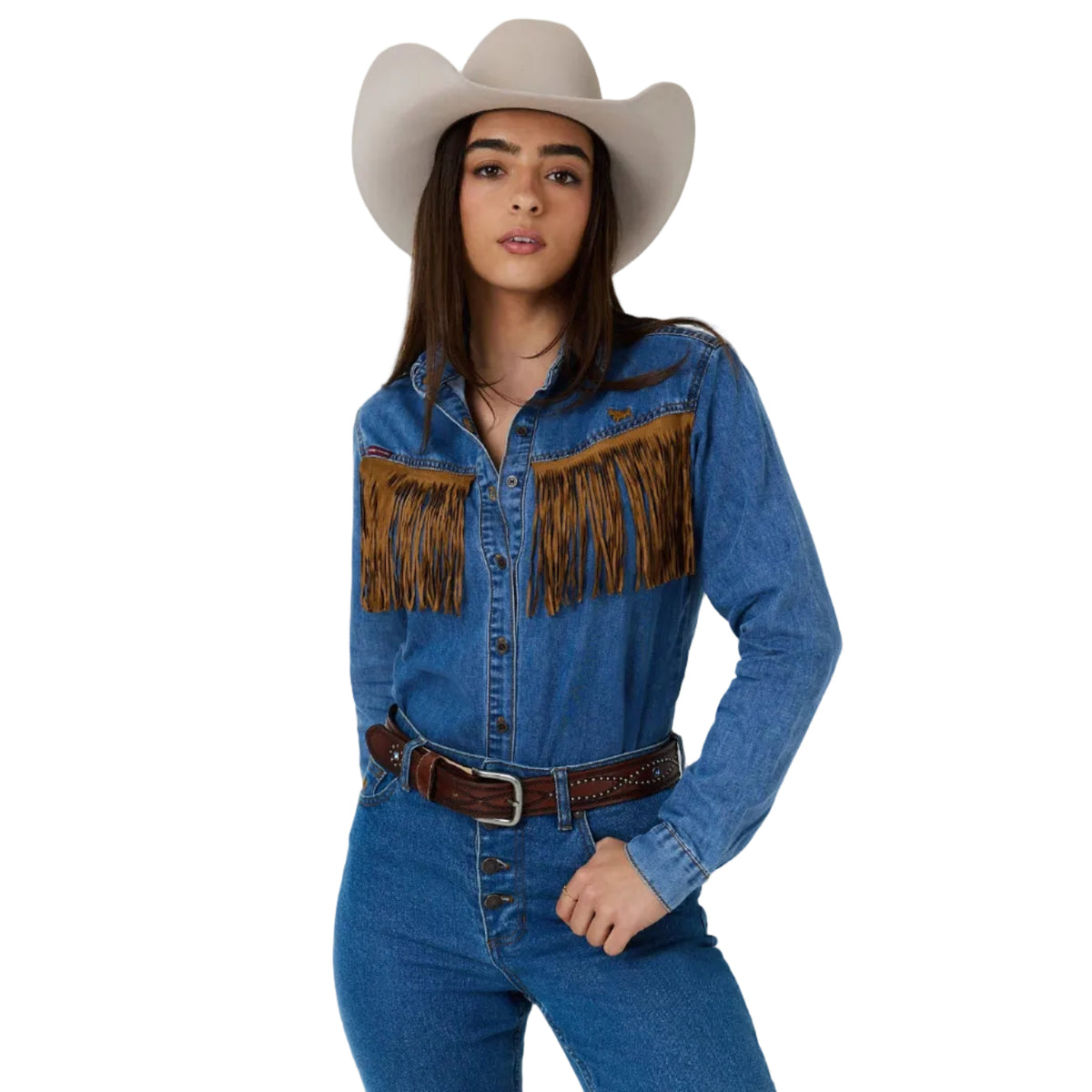 Ringers Western Womens Idaho Faux Suede Fringe L/S Shirt (225131RW) Mid Blue