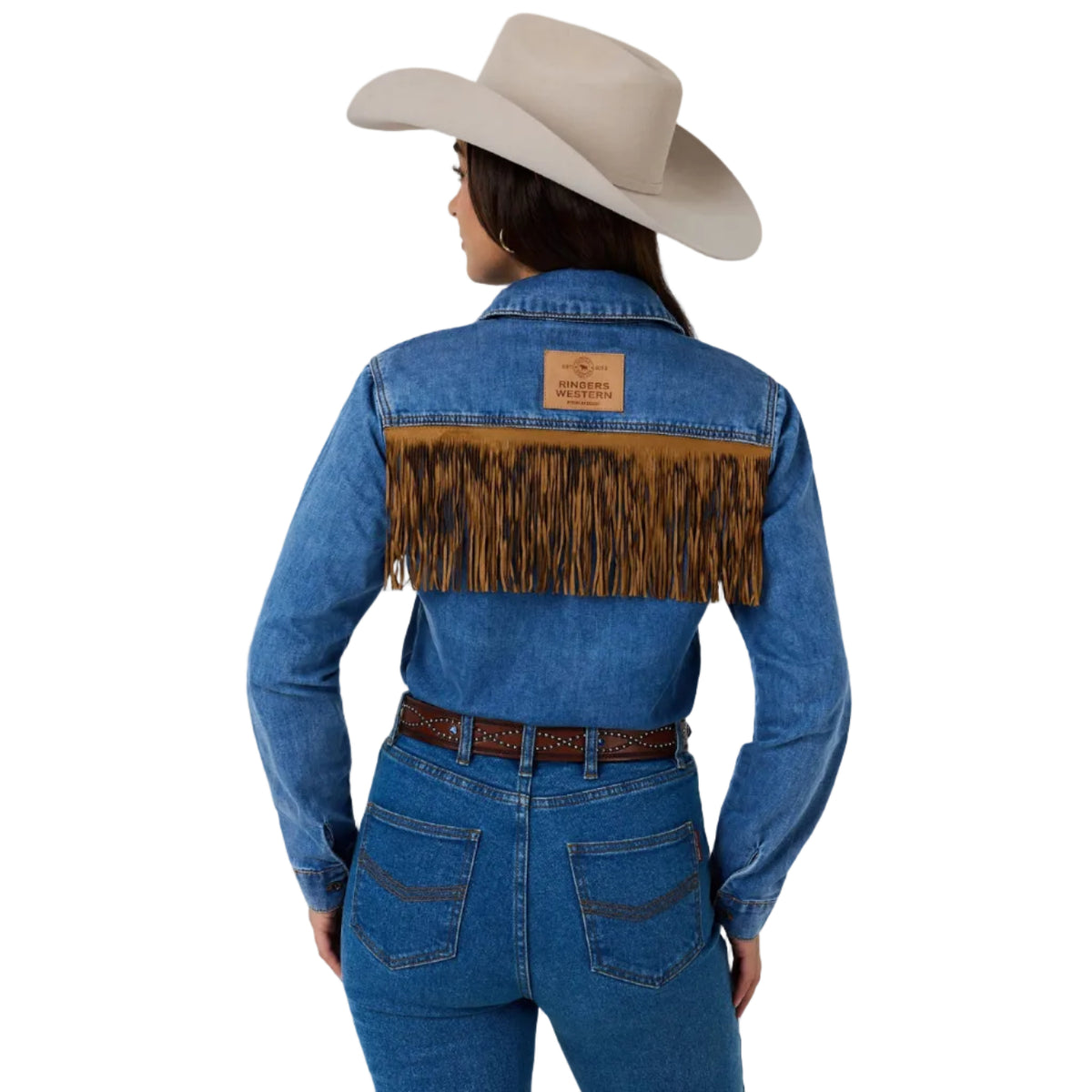 Ringers Western Womens Idaho Faux Suede Fringe L/S Shirt (225131RW) Mid Blue