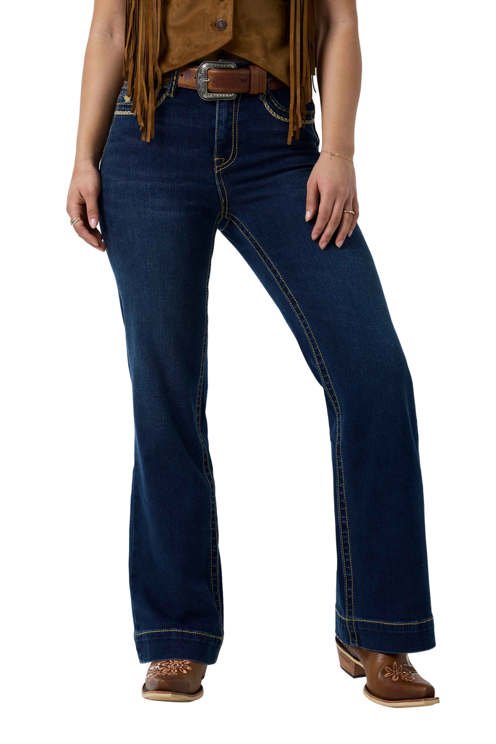 Ringers Western Womens Indi Rodeo Saddle Stitch High Rise Wide Bootleg Jeans (225159RW)  Dark Blue
