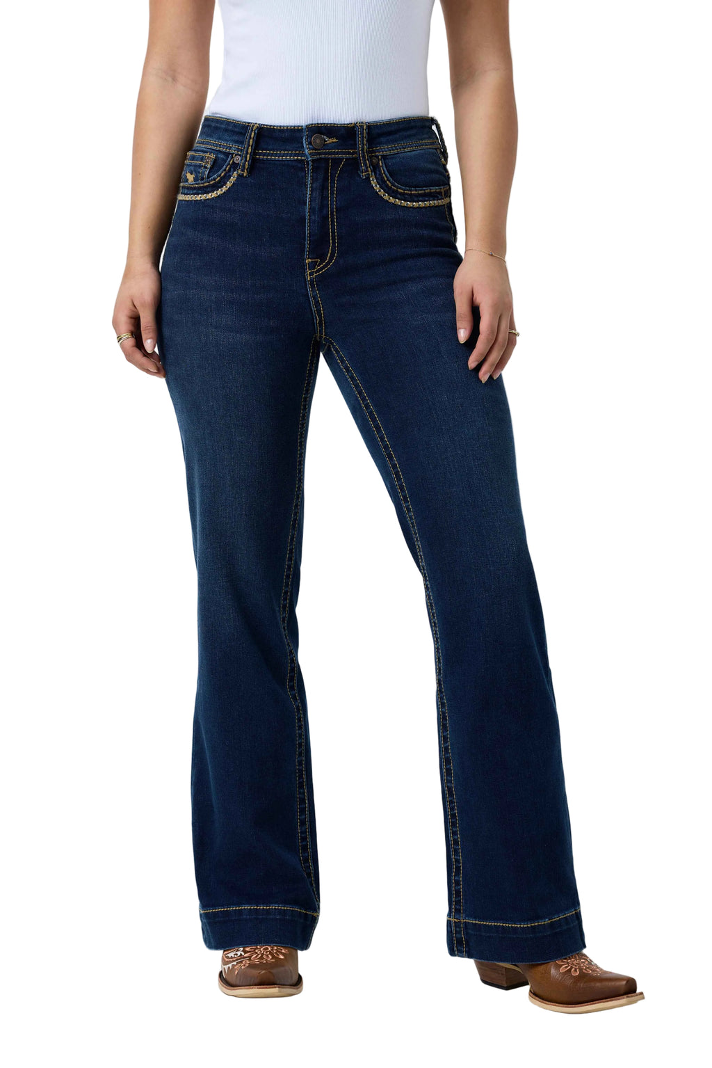 Ringers Western Womens Indi Rodeo Saddle Stitch High Rise Wide Bootleg Jeans (225159RW)  Dark Blue