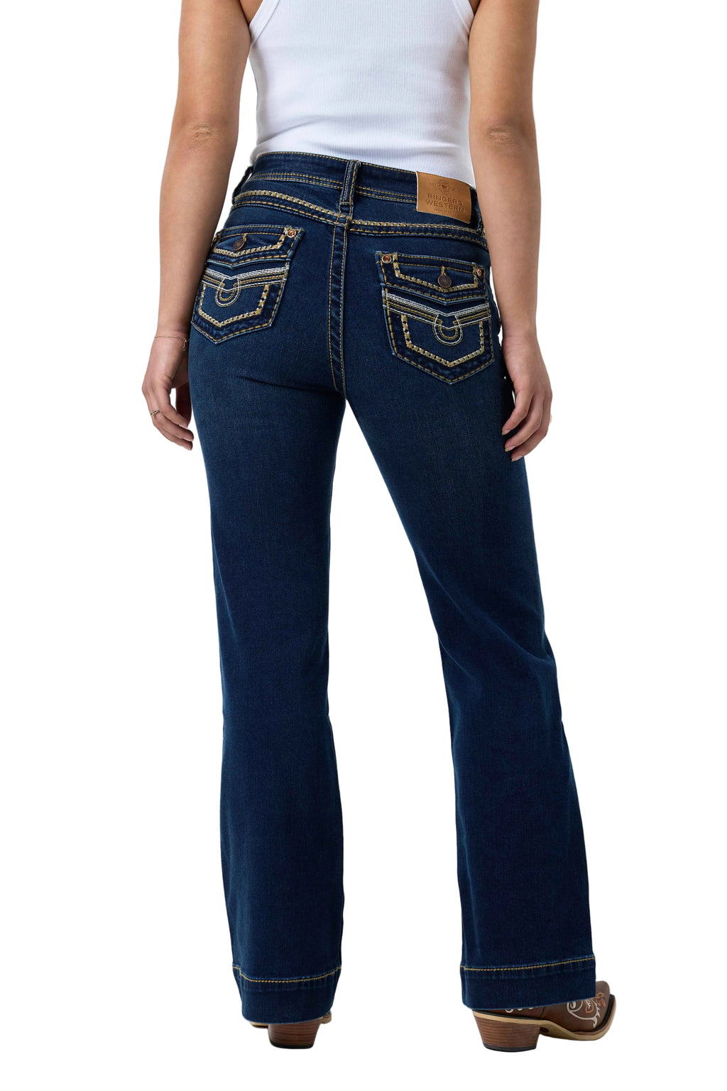 Ringers Western Womens Indi Rodeo Saddle Stitch High Rise Wide Bootleg Jeans (225159RW)  Dark Blue