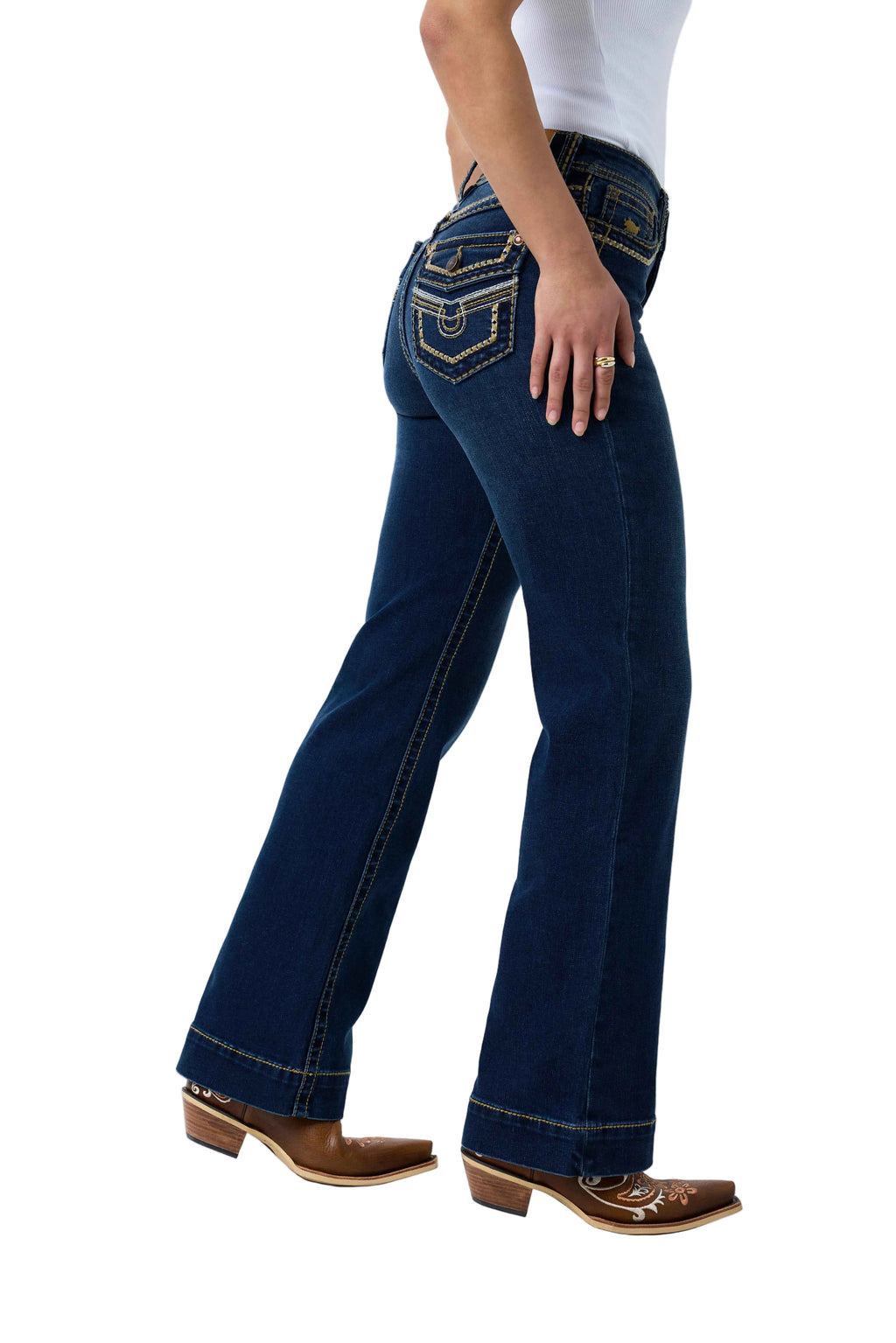 Ringers Western Womens Indi Rodeo Saddle Stitch High Rise Wide Bootleg Jeans (225159RW)  Dark Blue