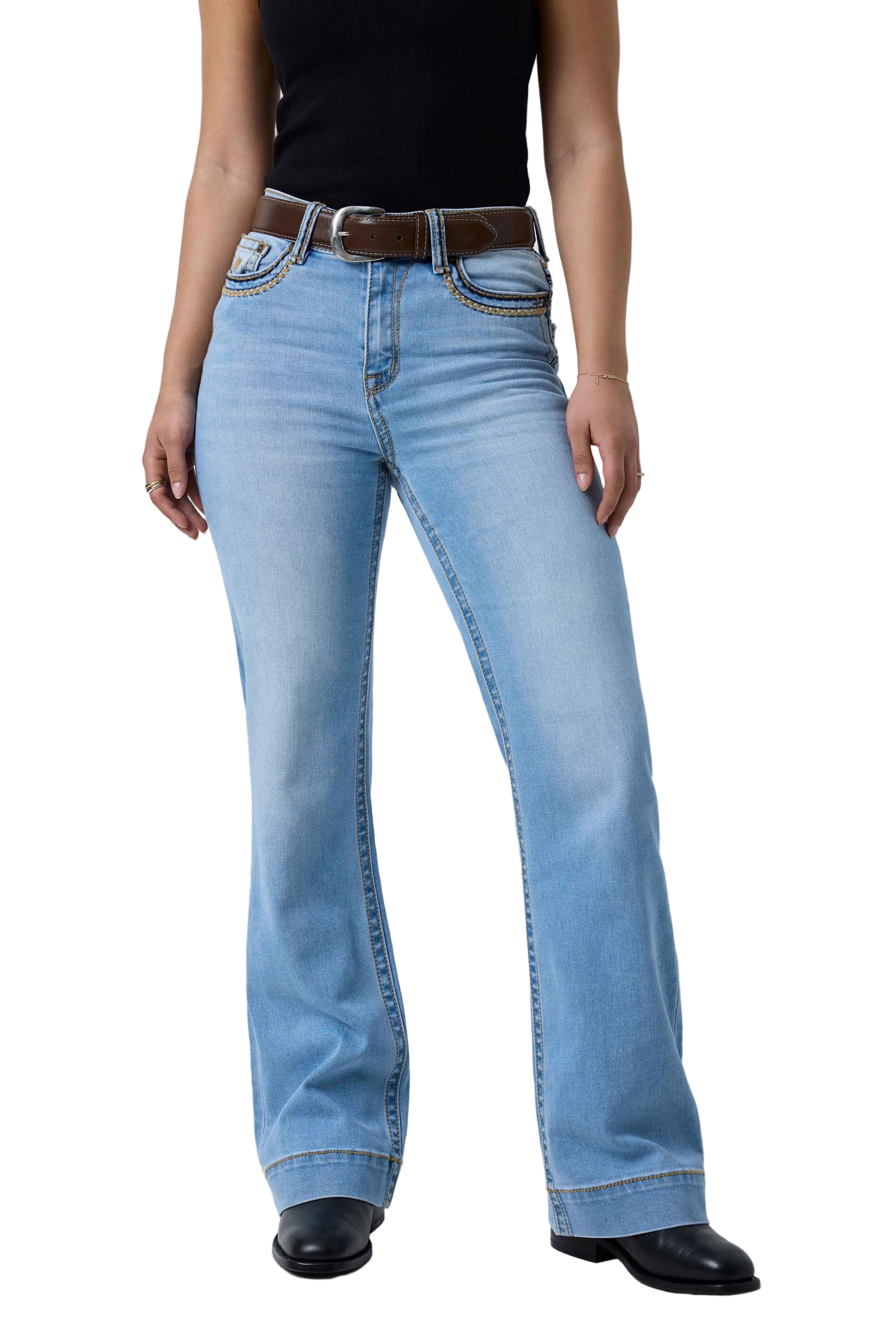 Ringers Western Womens Indi Rodeo Saddle Stitch High Rise Wide Bootleg Jeans (225159RW)  Light Blue