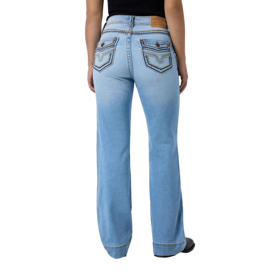 Ringers Western Womens Indi Rodeo Saddle Stitch High Rise Wide Bootleg Jeans (225159RW)  Light Blue