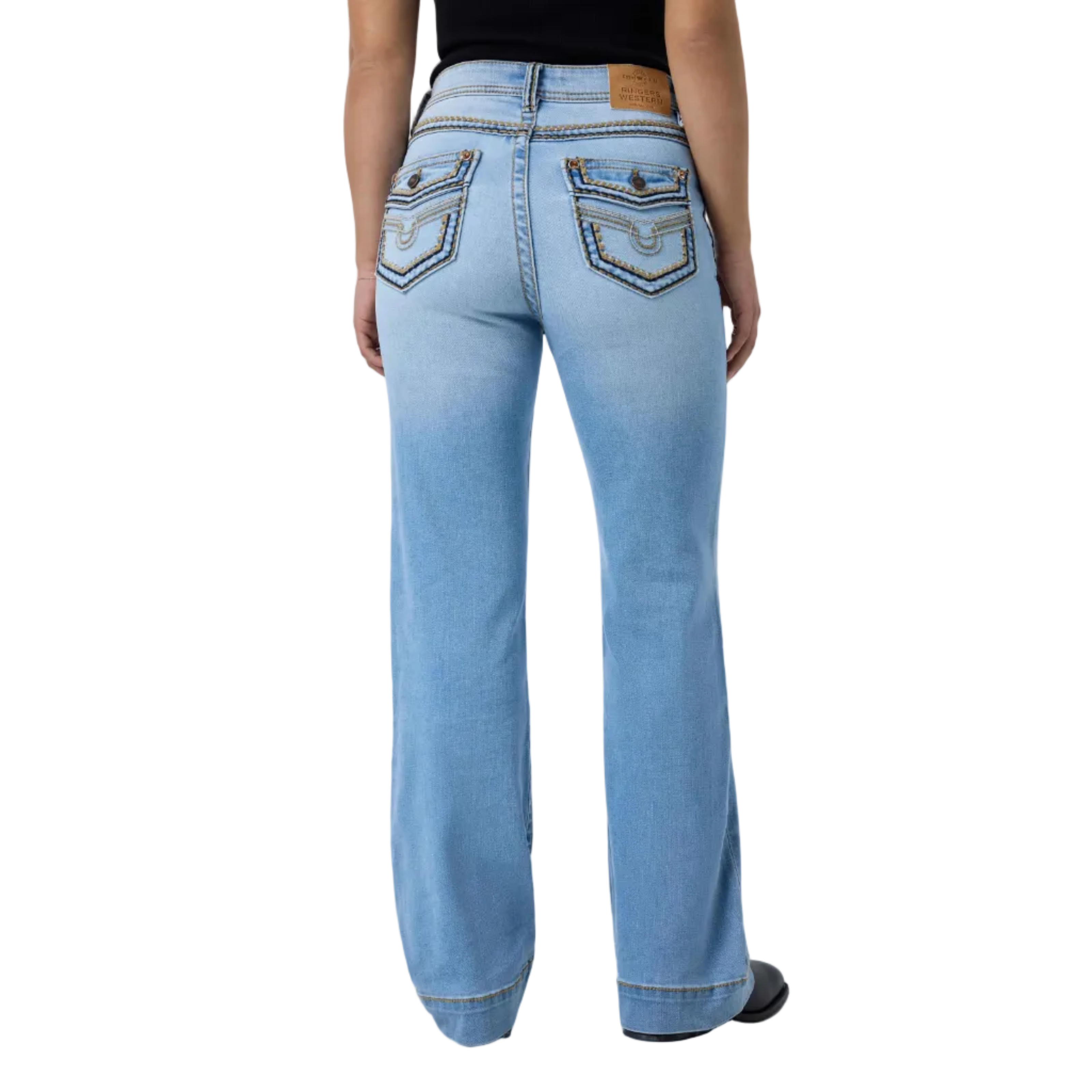 Ringers Western Womens Indi Rodeo Saddle Stitch High Rise Wide Bootleg Jeans (225159RW)  Light Blue