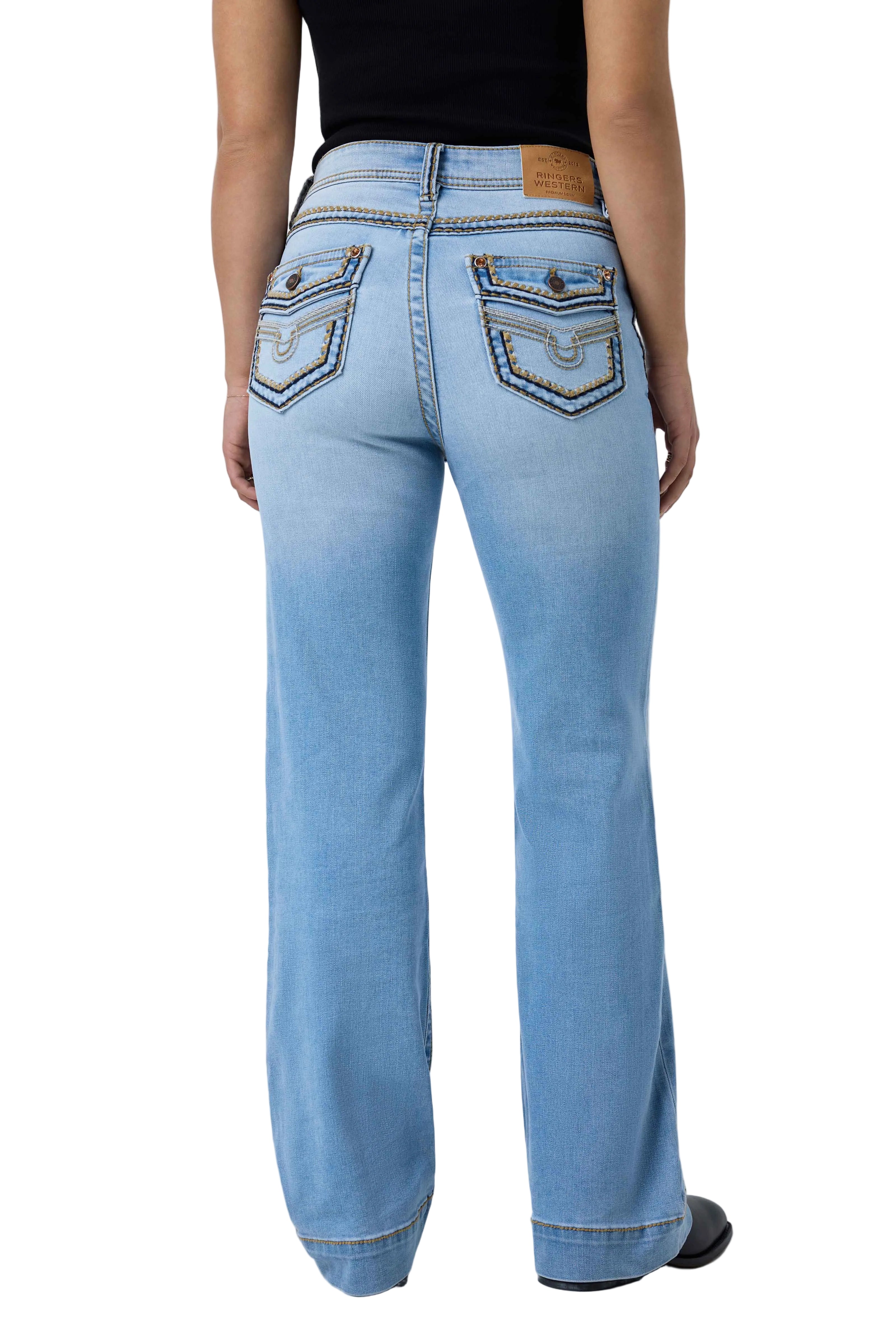 Ringers Western Womens Indi Rodeo Saddle Stitch High Rise Wide Bootleg Jeans (225159RW)  Light Blue