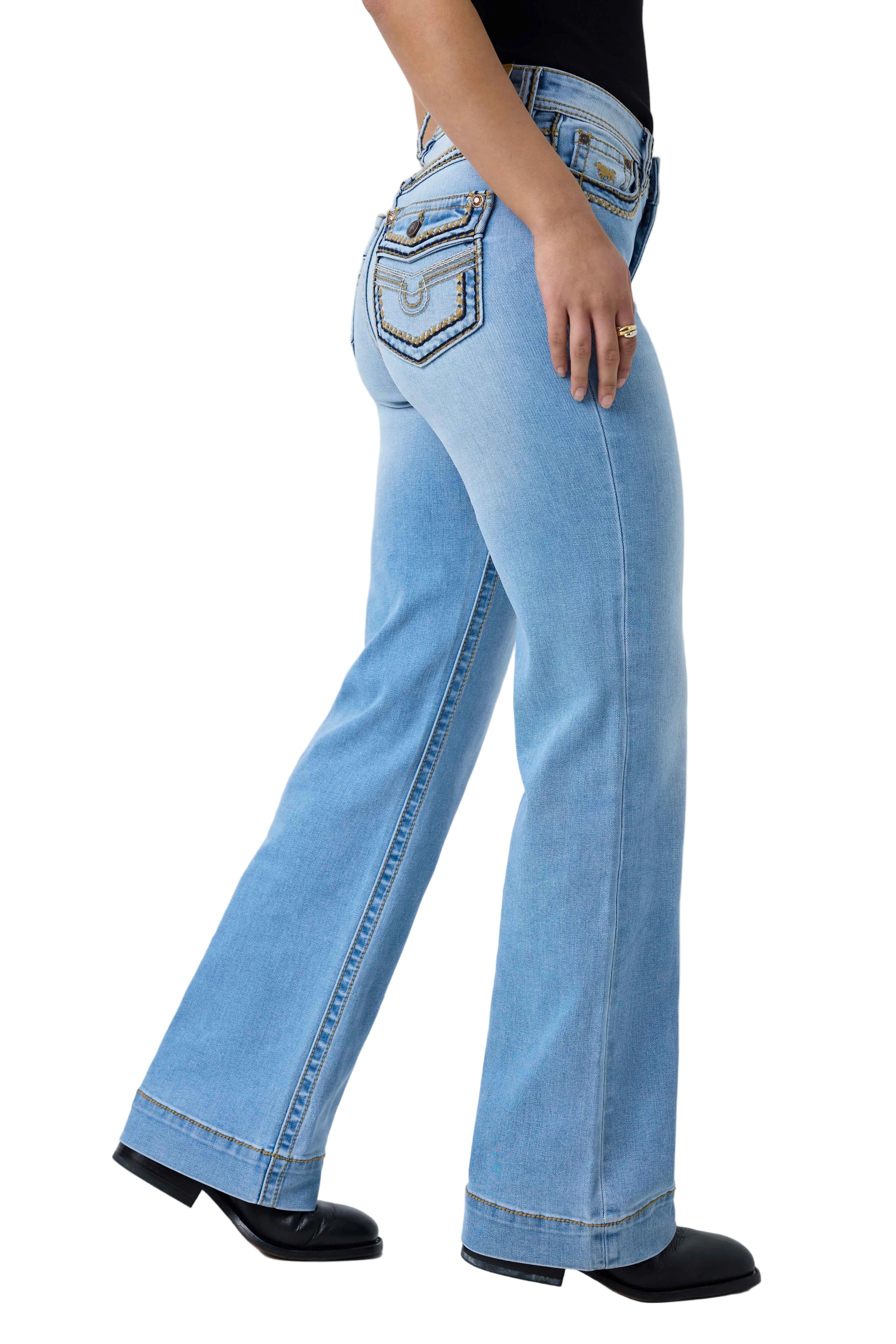 Ringers Western Womens Indi Rodeo Saddle Stitch High Rise Wide Bootleg Jeans (225159RW)  Light Blue