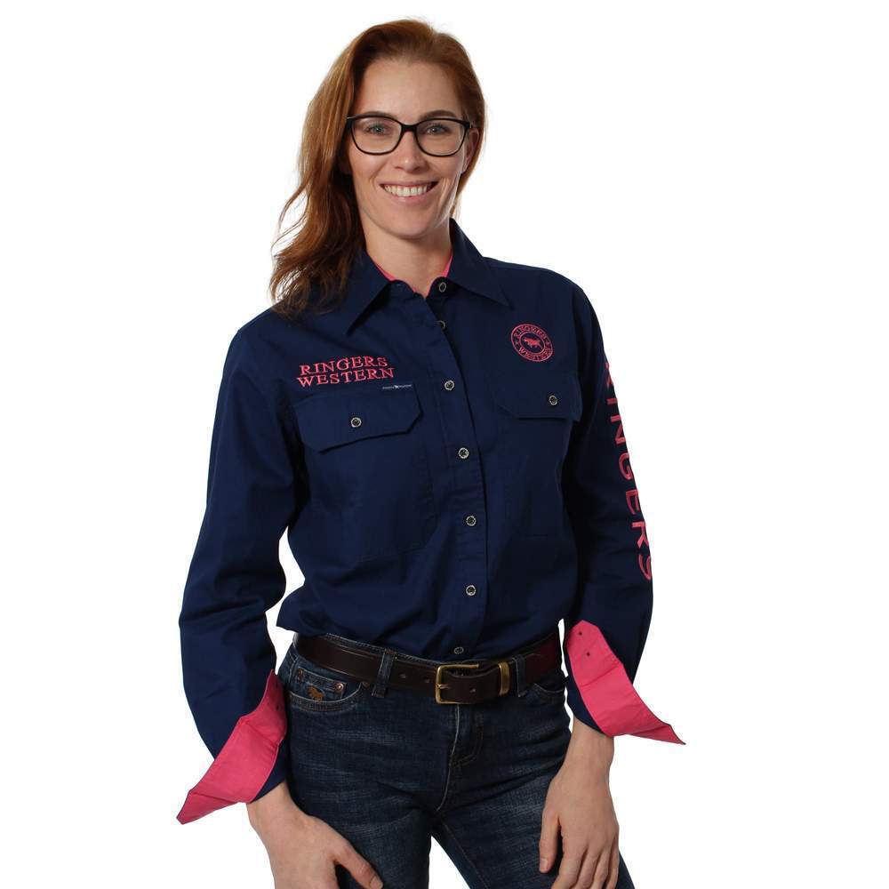 Ringers Western Womens Jillaroo Full Button Embroidered Work Shirt (218110002) Navy/Melon 