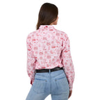 Person wearing a pink patterned shirt and blue jeans on a white background