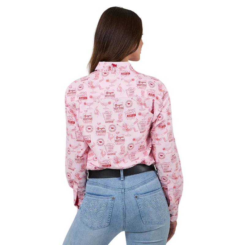Person wearing a pink patterned shirt and blue jeans on a white background