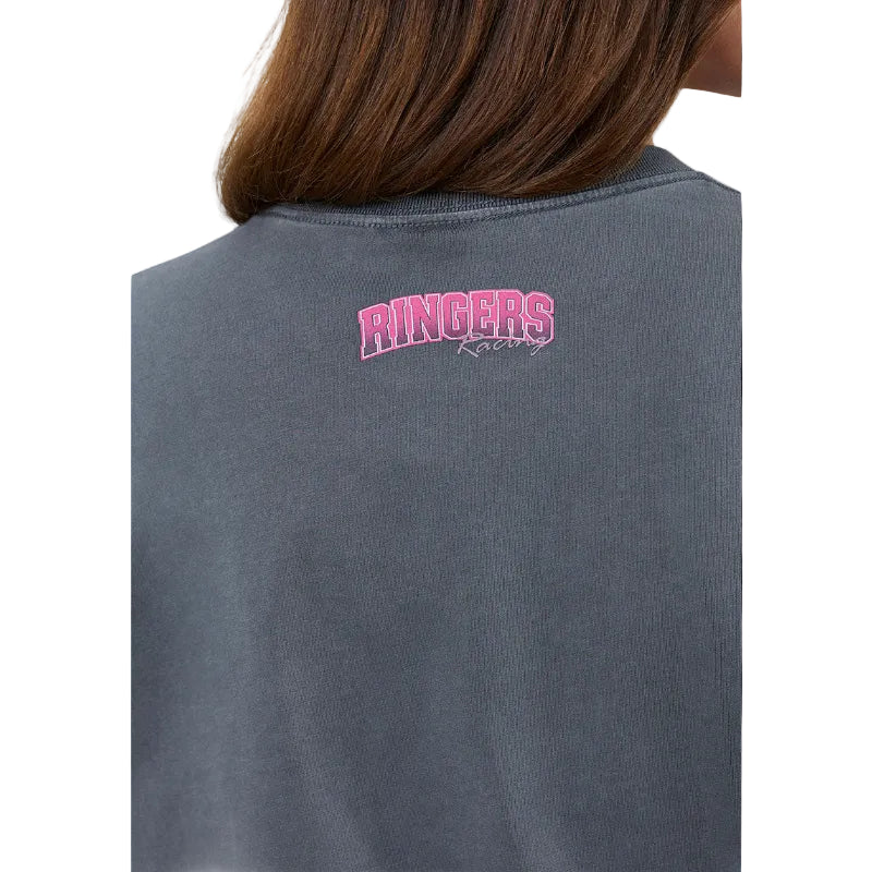 washed black t-shirt with pink 'Ringers' logo on a plain background