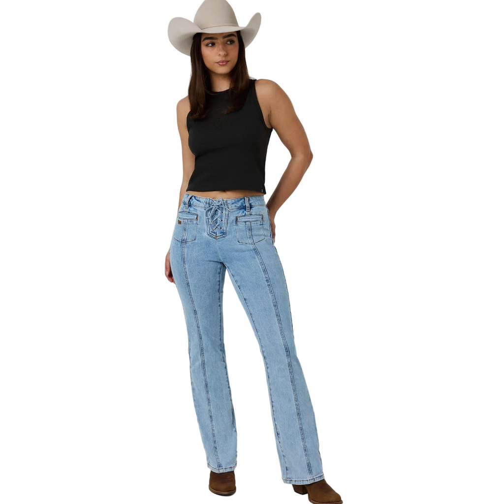 Ringers Western Womens Rodeo Rose Lace Front Mid Rise Bootleg Jeans (225160RW)  Light Blue